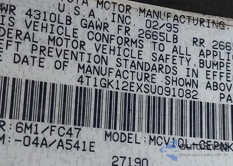 1995 Toyota Camry Le z USA, uszkodzony, nr VIN 4T1GK12EXSU091082